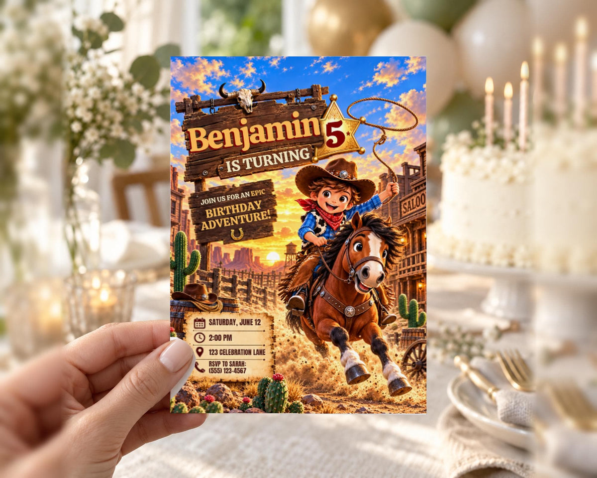 The image is a birthday invitation for a boy named Benjamin, who is turning 5 years old. The invitation features a cowboy character riding a horse, with a desert landscape in the background.