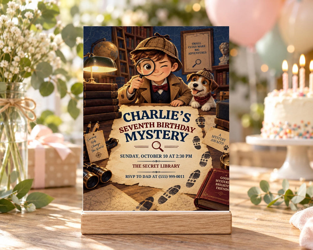 The image is a birthday invitation for a child's seventh birthday party, featuring a cartoon image of a young boy wearing a magnifying glass and Sherlock Holmes hat, surrounded by clues and a dog.