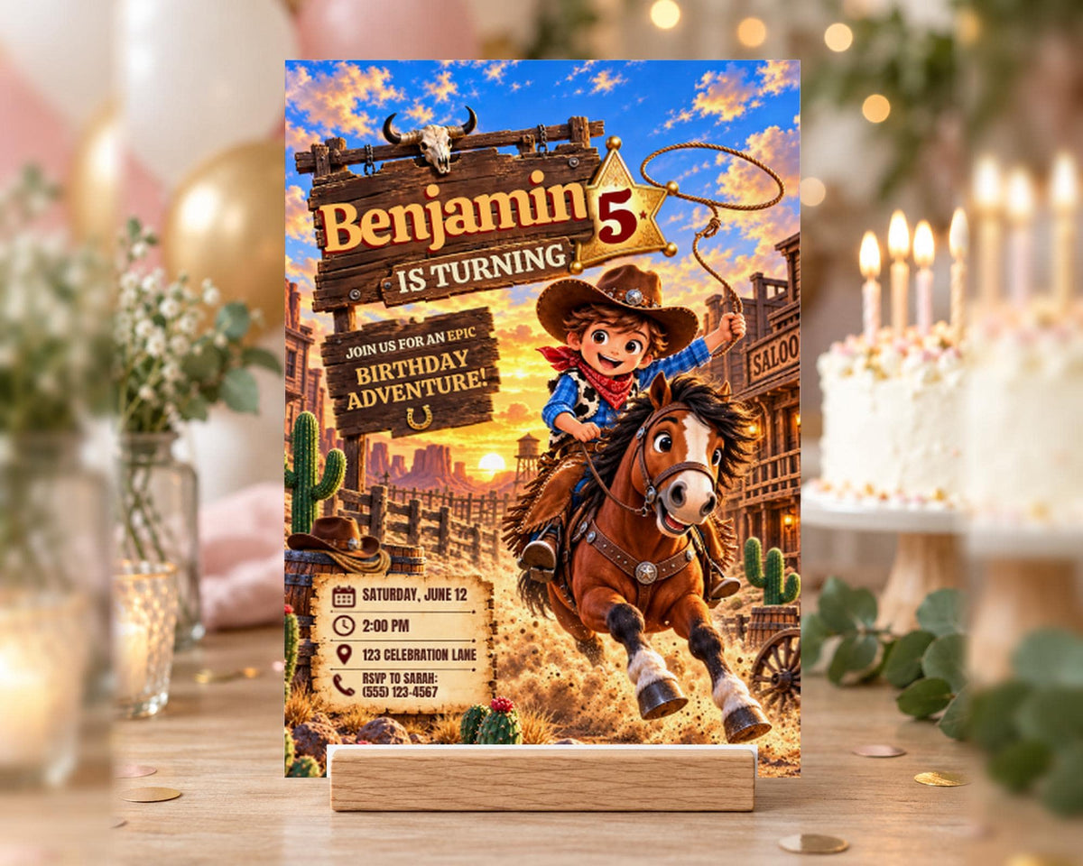 The image is a birthday invitation for a boy named Benjamin, featuring a cowboy theme with a cowboy riding a horse and a cactus in the background.