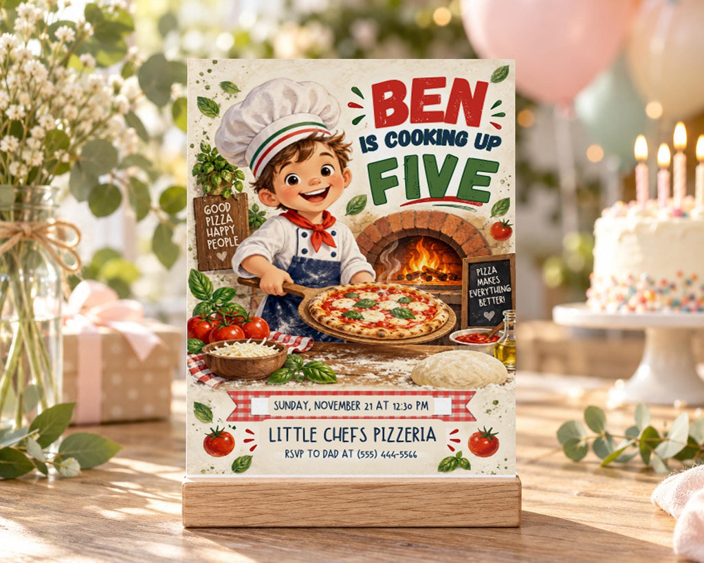 Ben is cooking up five pizzas for a birthday party at Little Chef's Pizzeria.