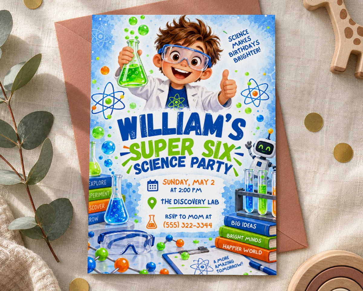 The image is a colorful invitation for a William's Super Six Science Party, featuring a cartoon character holding a test tube and surrounded by science-themed elements such as bubbles, books, and laboratory equipment.