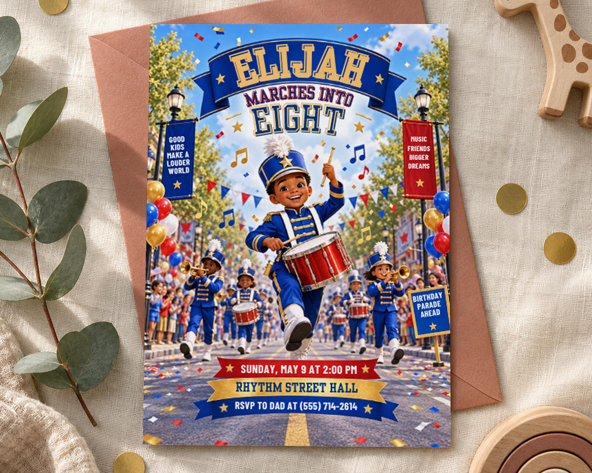 The image is a birthday party invitation featuring a marching band and colorful decorations.