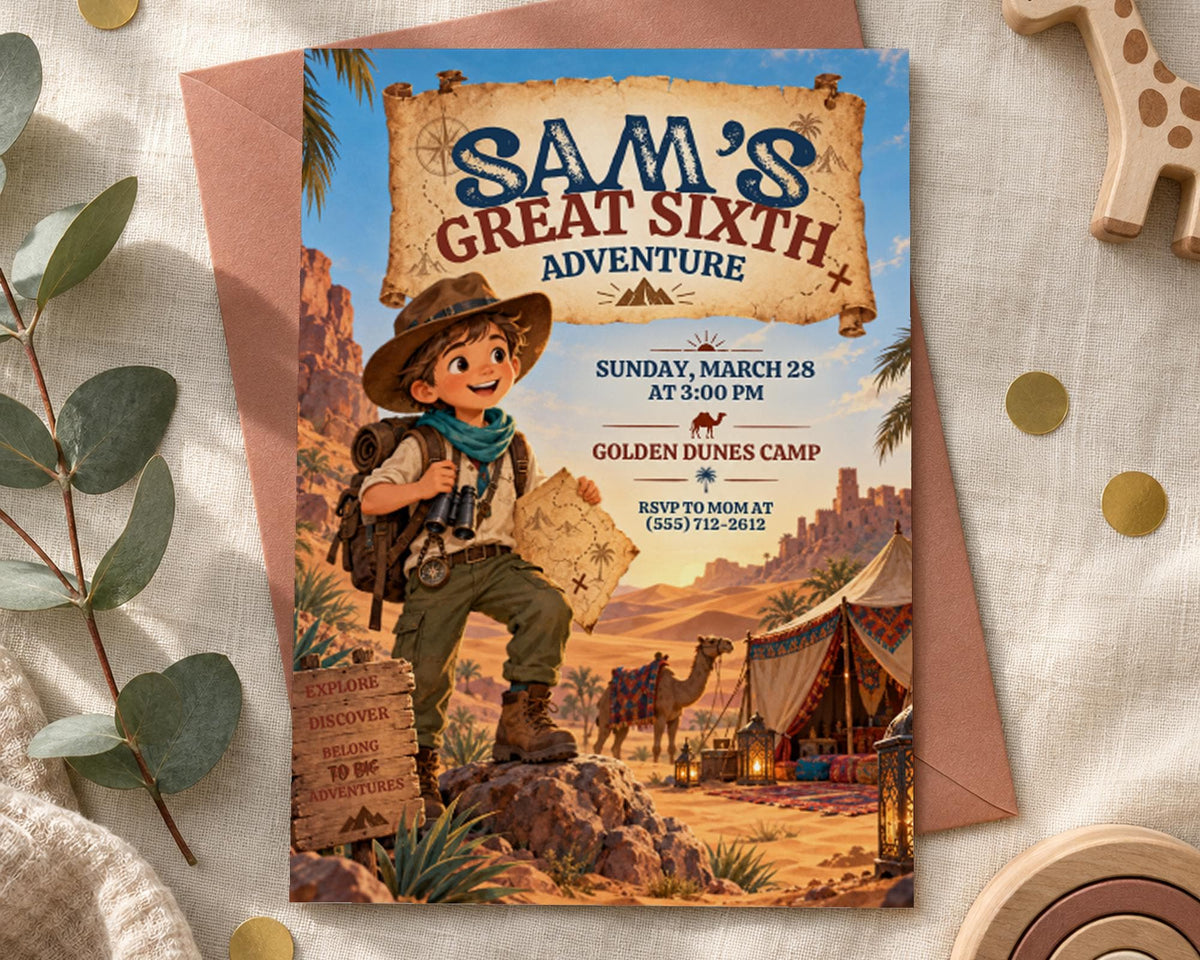 The image is a birthday invitation for a boy named Sam, who is turning 16 years old. The invitation features a cartoon illustration of a young boy dressed in a safari outfit, with a map and a camel in the background, suggesting an adventurous theme. The invitation is set against a desert landscape, and the text invites guests to "EXPLORE, DISCOVER, BEHIND TO 16 ADVENTURES" and provides details about the event, including the date, time, and location of the party.