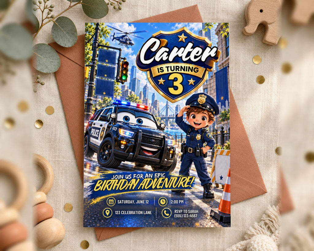 A birthday party invitation featuring a cartoon police officer and a police car, with the text " Carter is Turning 3" and "Join us for an exciting birthday adventure!"