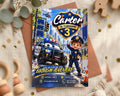 A birthday party invitation featuring a cartoon police officer and a police car, with the text " Carter is Turning 3" and "Join us for an exciting birthday adventure!"