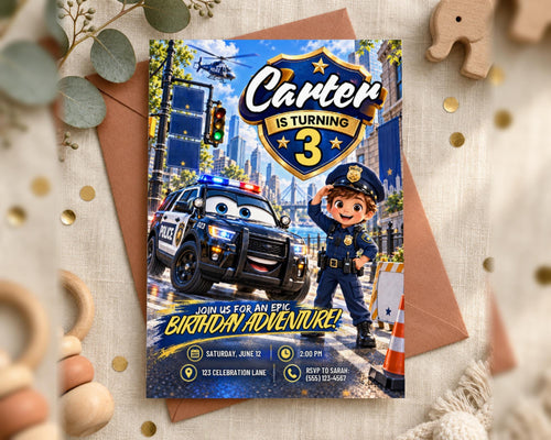 A birthday party invitation featuring a cartoon police officer and a police car, with the text " Carter is Turning 3" and "Join us for an exciting birthday adventure!"