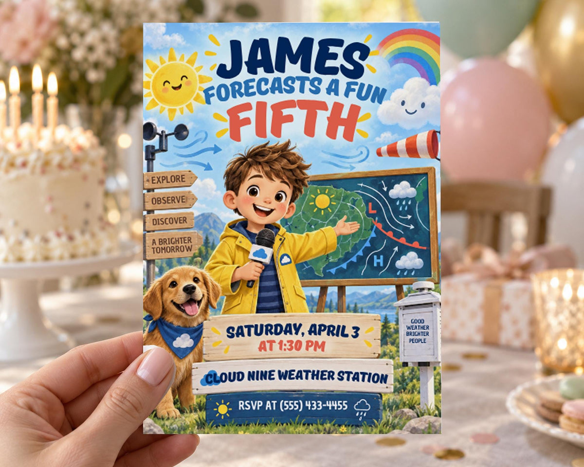 The image is a colorful invitation card featuring a cartoon boy holding a weather instrument, with a dog and a rainbow in the background. The card is promoting a weather forecast event called "James Forecasts a Fun Fifth" and includes details about the event, such as the date, time, and location.
