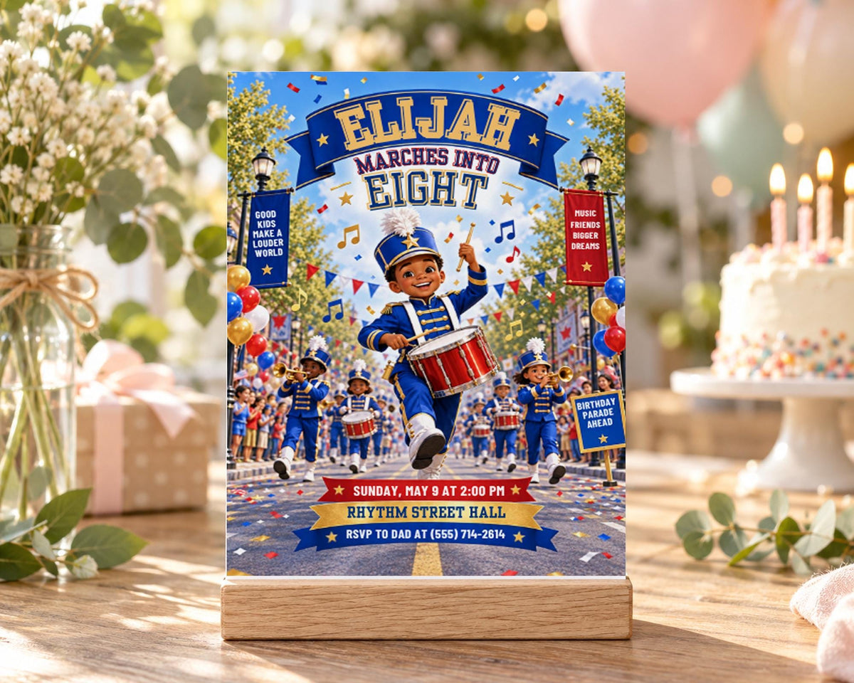 The image is a colorful invitation card for a birthday party featuring a marching band, with a cake and balloons visible in the background.
