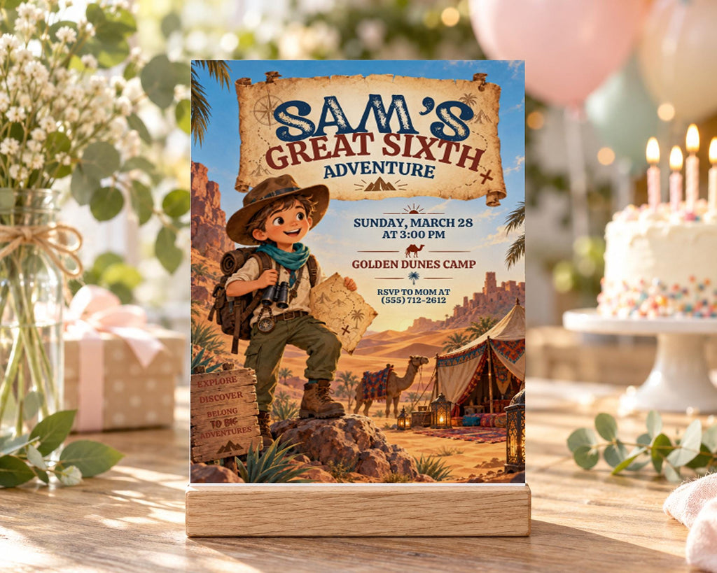 The image is a birthday invitation for a boy named Sam, featuring a desert landscape with a young boy holding a map and a tent, along with the text "Sam's GREAT SIXTH ADVENTURE" and details about the event.