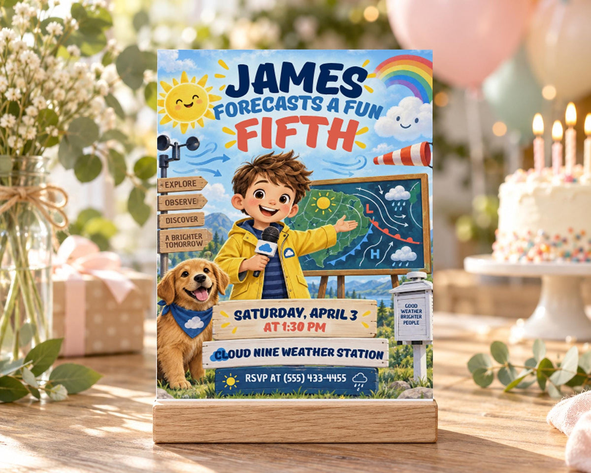 The image is a birthday invitation featuring a cartoon boy holding a weather vane, with a dog and a rainbow in the background. The invitation is for a "James Forecasts a Fun Fifth" event on Saturday, April 3 at 1:30 PM at the Cloud Nine Weather Station.