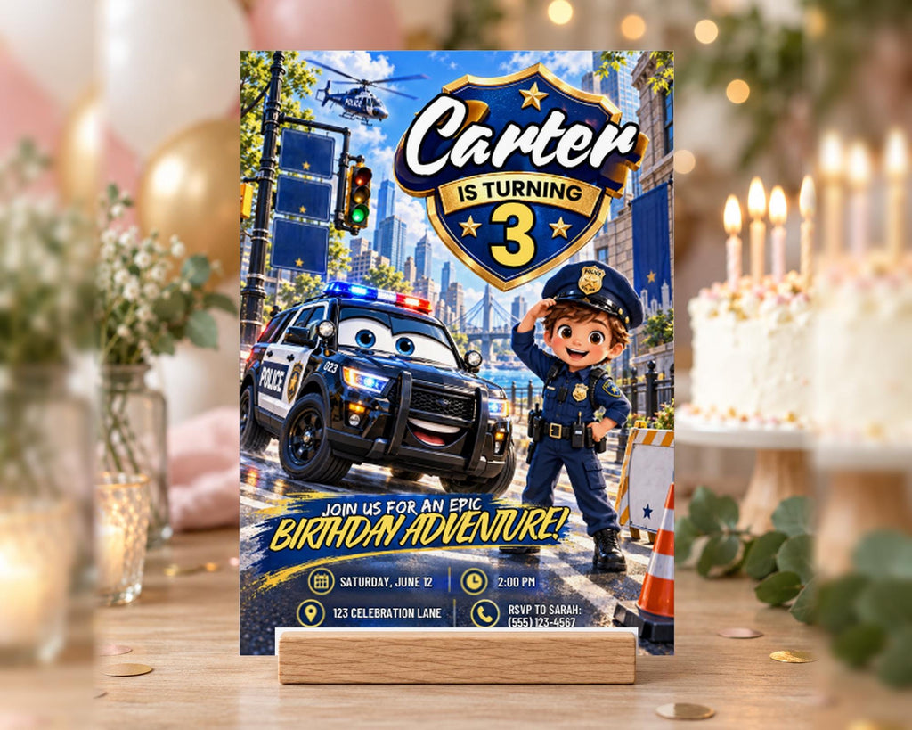 A birthday party invitation featuring a cartoon police officer and a police car, with the text " Carter is Turning 3" and "Join us for an epic birthday adventure!"