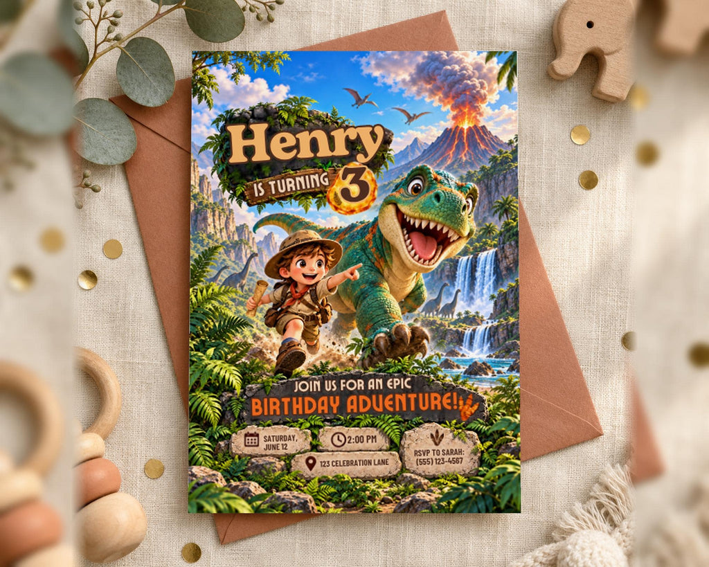 A birthday party invitation featuring a dinosaur and a young boy, with a jungle setting and a volcano in the background.
