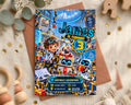 A birthday invitation for a child named James, featuring a robot character and a colorful, futuristic setting.