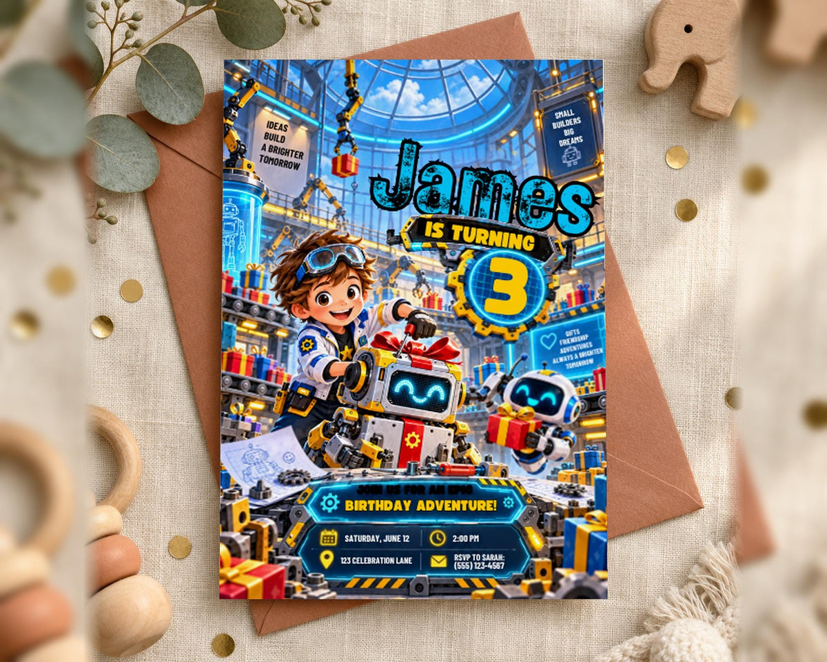 A birthday invitation for a child named James, featuring a robot character and a colorful, futuristic setting.