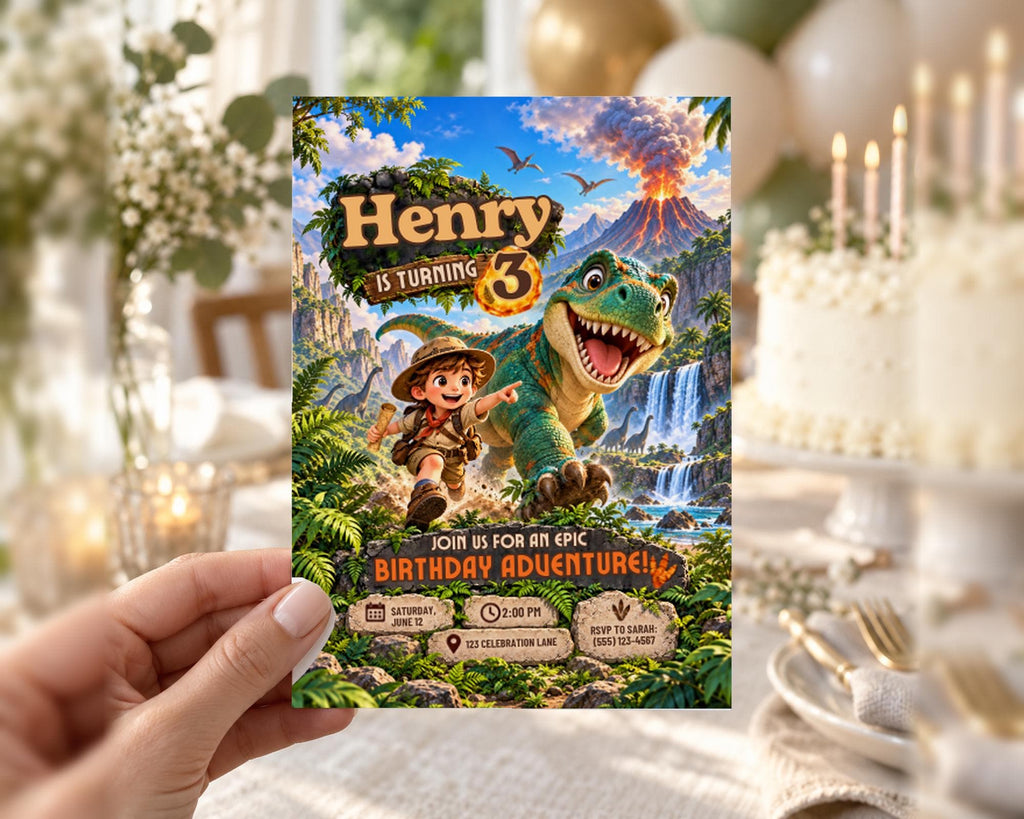 The image is a birthday invitation for a child named Henry, featuring a dinosaur and a young boy, with a jungle setting and a birthday cake in the background.