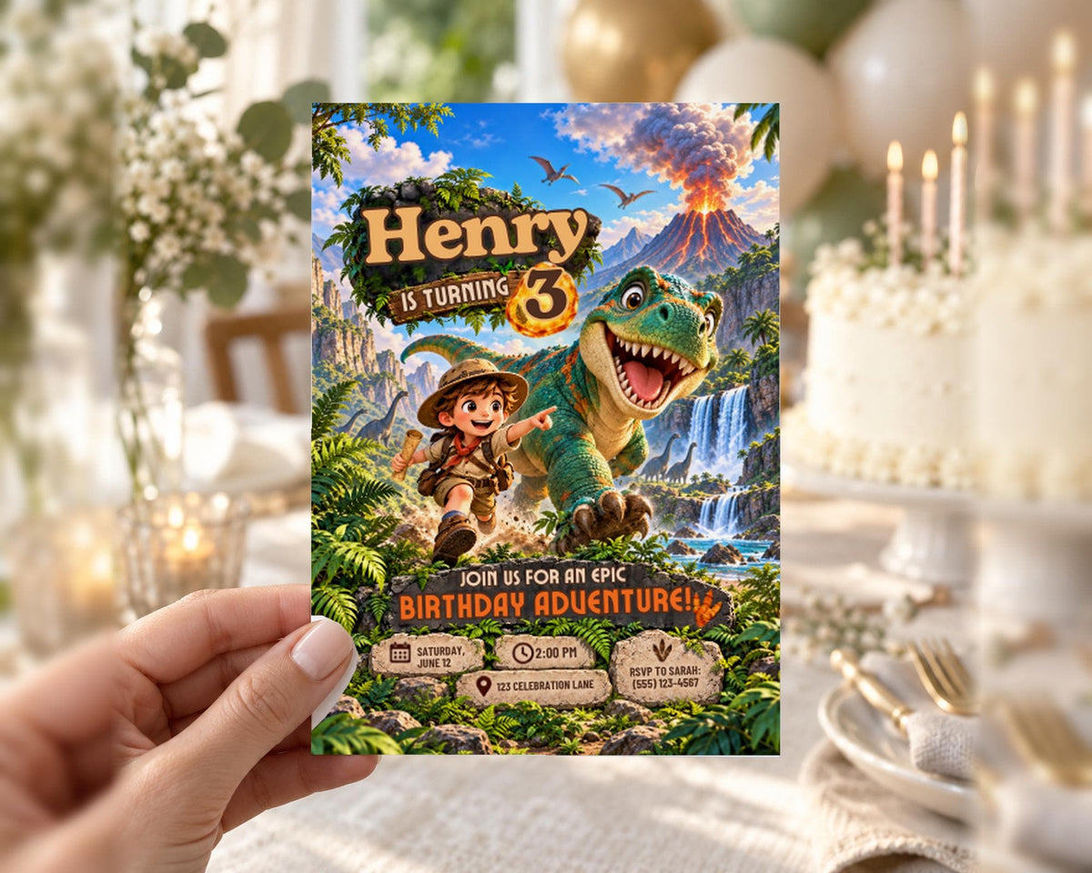 The image is a birthday invitation for a child named Henry, featuring a dinosaur and a young boy, with a jungle setting and a birthday cake in the background.