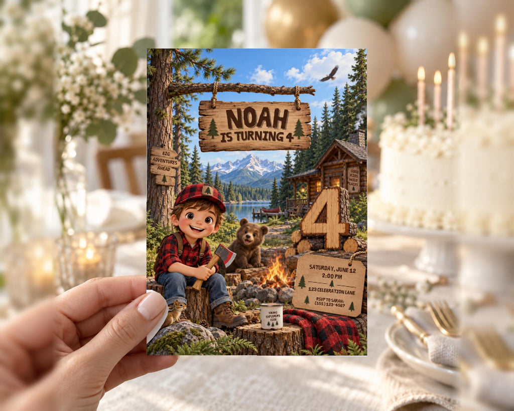 A hand holding a birthday invitation card featuring a cartoon image of a young boy sitting on a tree stump, surrounded by a forest scene and a cabin.