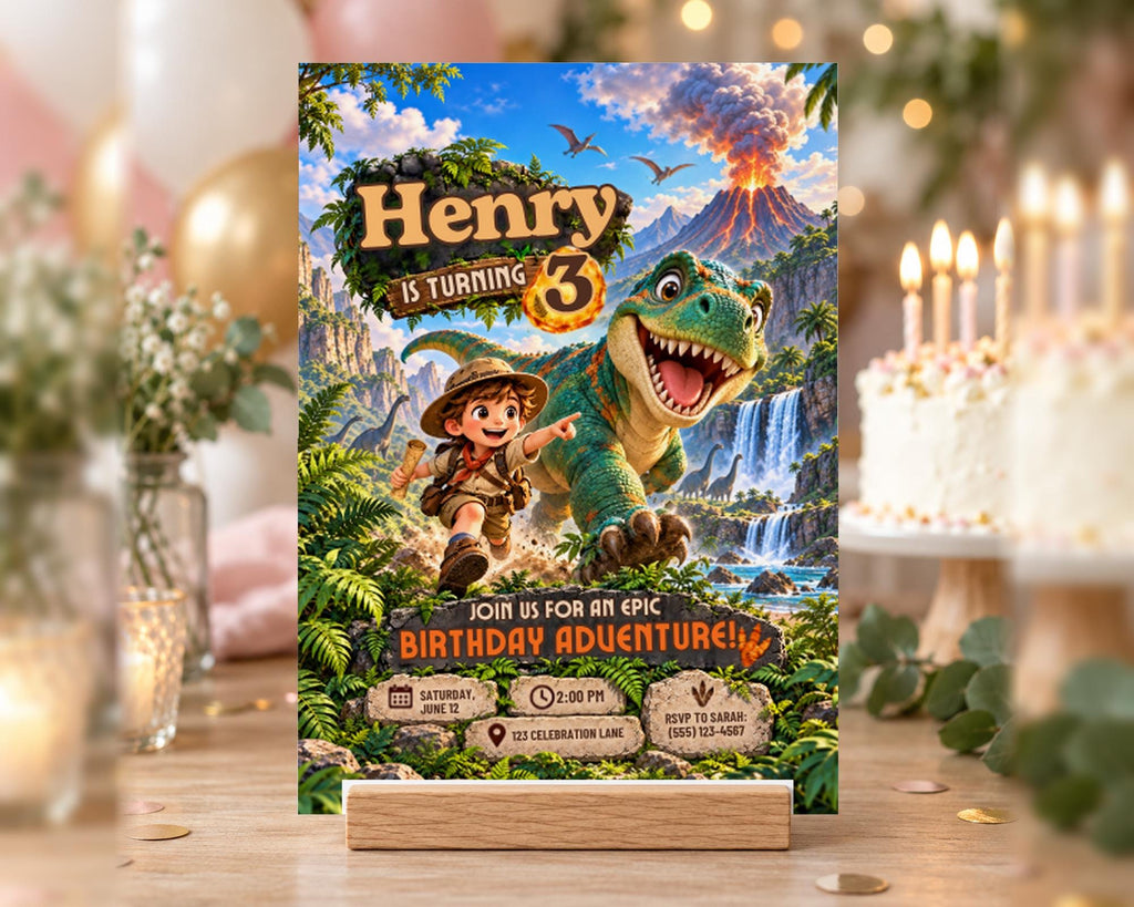 A birthday party invitation featuring a dinosaur and a young boy, with the text "Henry is turning 3" and "Join us for an epic birthday adventure!".