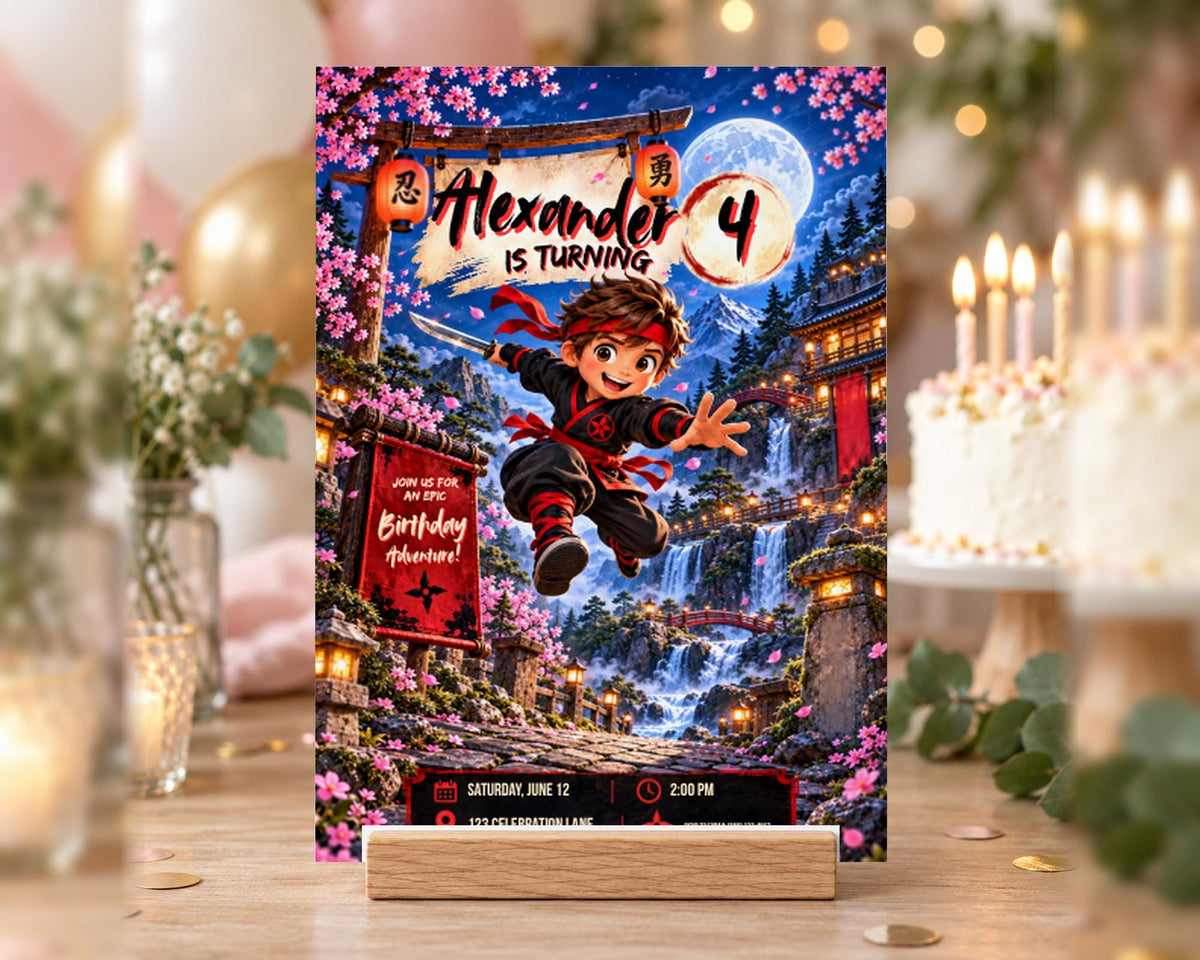 A birthday party invitation featuring a cartoon character, specifically a ninja, jumping through a Japanese-style landscape with a waterfall and cherry blossom trees. The invitation is for a birthday party for a child named Alexander, who is turning 4 years old.
