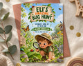 The image is a birthday invitation featuring a young boy dressed as a bug-hunting character, surrounded by nature elements such as flowers, leaves, and insects.
