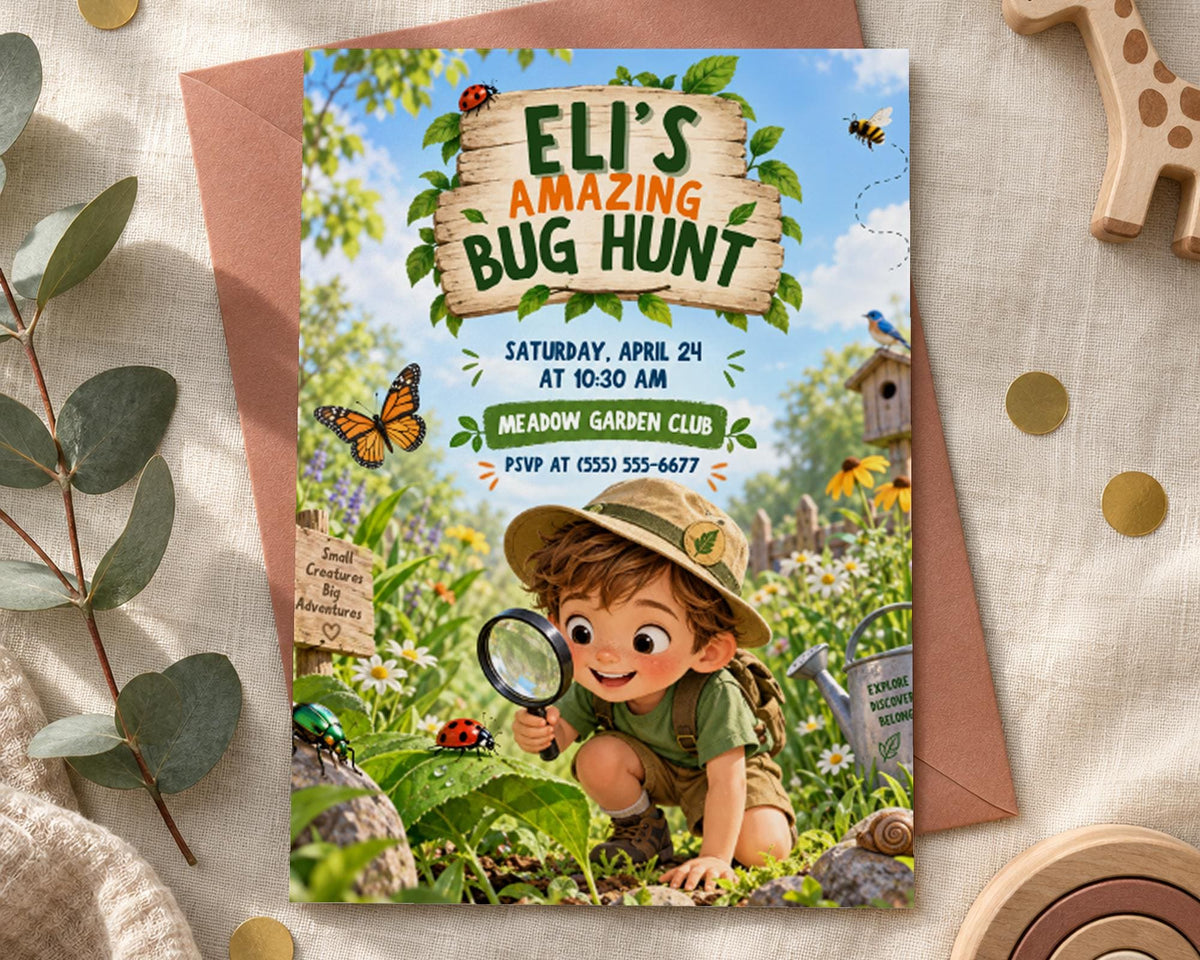 The image is a birthday invitation featuring a young boy dressed as a bug-hunting character, surrounded by nature elements such as flowers, leaves, and insects.