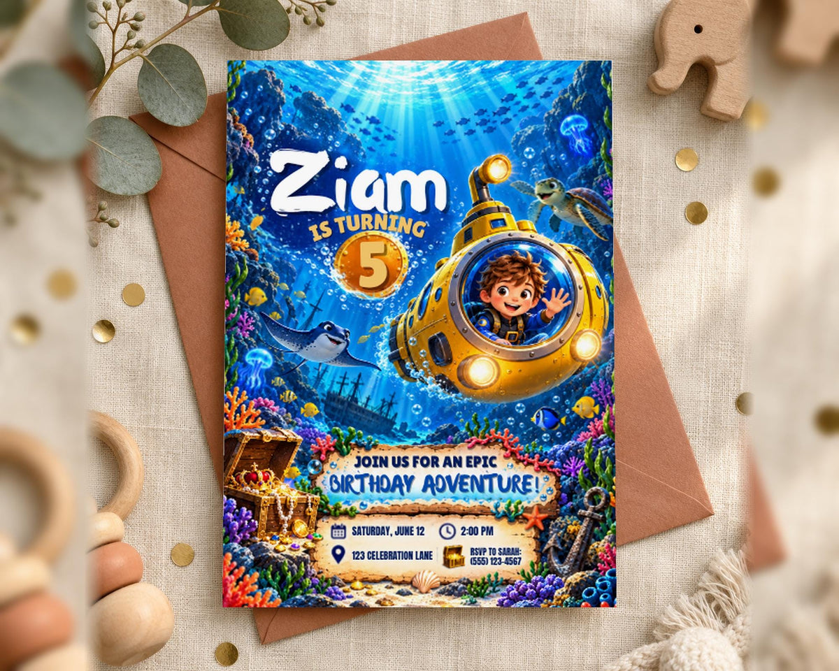 A birthday invitation for a child named Ziam, featuring a submarine and underwater scene, along with details about the birthday party.
