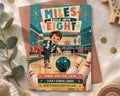 The image is a colorful invitation for a bowling event, featuring a cartoon boy playing bowling and a bowling ball.