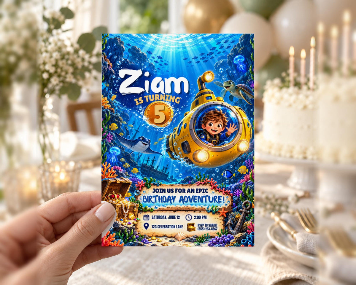 A hand holding a birthday invitation card with an underwater theme, featuring a submarine, fish, and a young boy.