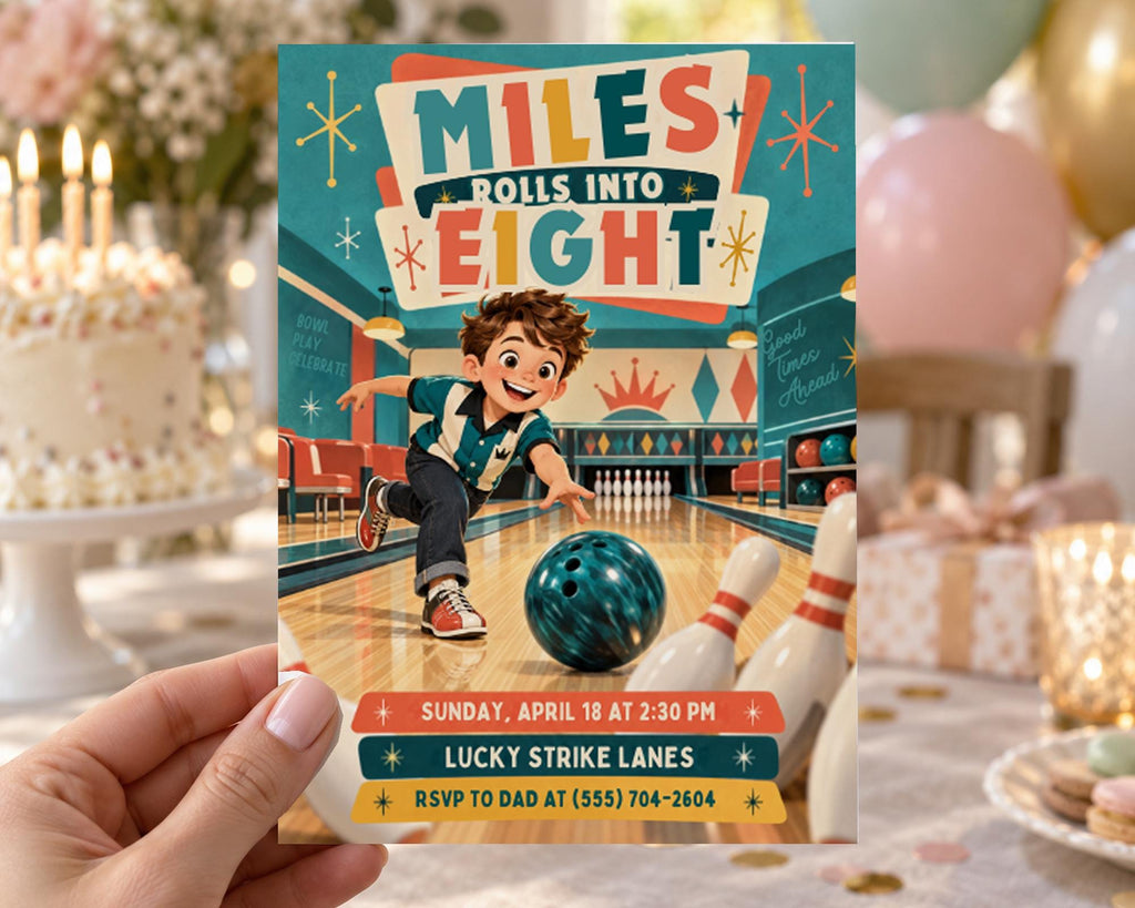 The image is a colorful invitation for a bowling event, featuring a cartoon boy playing bowling and a bowling ball on the lanes.