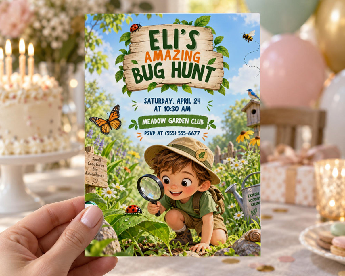 The image is a birthday invitation for a bug hunt event, featuring a young boy dressed as a bug and surrounded by nature elements such as flowers, leaves, and a butterfly.