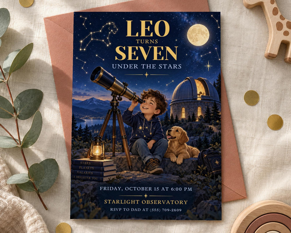 The image is a birthday invitation for Leo, who turns seven under the stars. The invitation features a young boy looking up at the night sky with a telescope, accompanied by a dog. The event is scheduled for Friday, October 15 at 6:00 PM at the Starlight Observatory, and the invitation is addressed to the father.