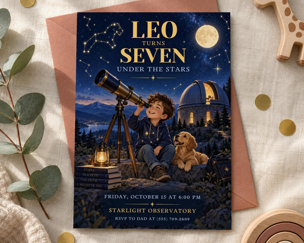 The image is a birthday invitation for Leo, who turns seven under the stars. The invitation features a young boy looking up at the night sky with a telescope, accompanied by a dog. The event is scheduled for Friday, October 15 at 6:00 PM at the Starlight Observatory, and the invitation is addressed to the father.