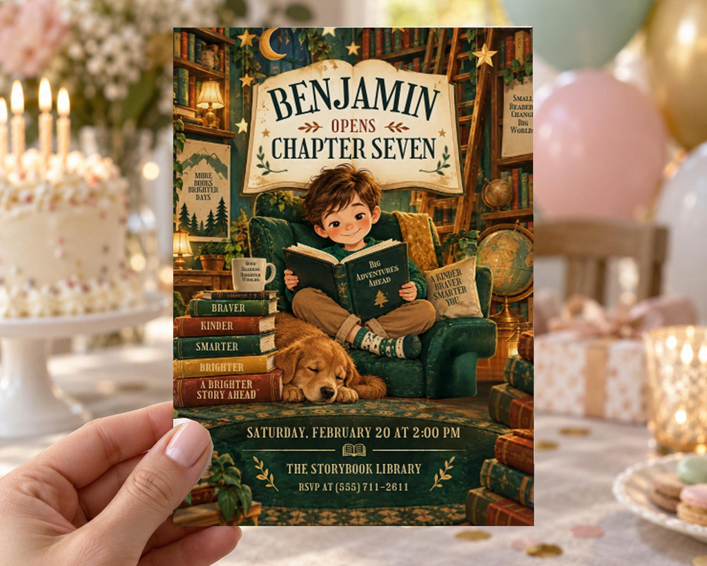 The image is a colorful invitation card for a birthday party, featuring a young boy reading a book and surrounded by books, a dog, and a cake.