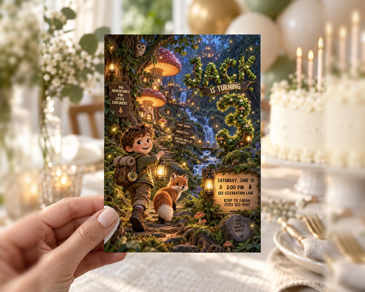 A hand holding a birthday invitation card with a whimsical forest scene and a young boy exploring the woods.