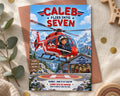 The image is a birthday invitation featuring a red and white helicopter with a cartoon character on the side, flying over a snowy mountain landscape.