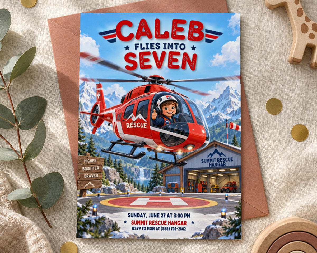 The image is a birthday invitation featuring a red and white helicopter with a cartoon character on the side, flying over a snowy mountain landscape.