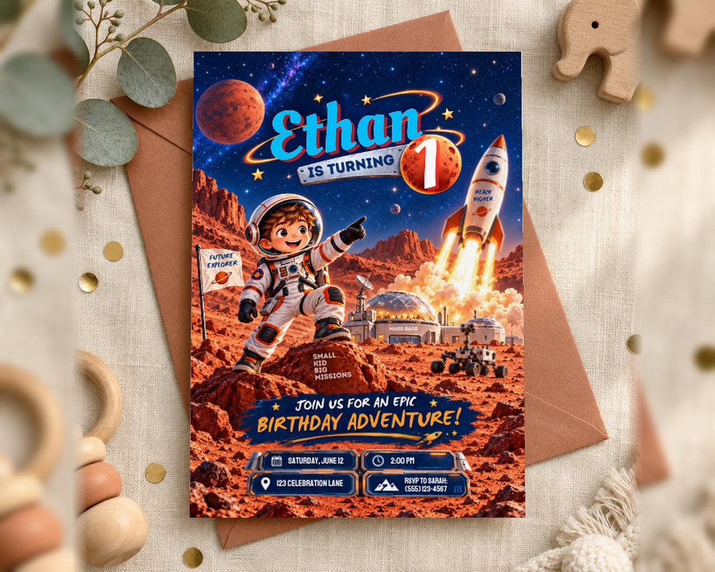 The image is a birthday invitation featuring a space theme, with a young boy dressed as an astronaut and a rocket ship in the background.