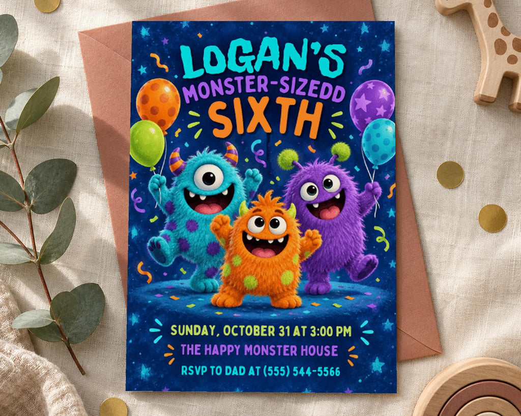 The image is a birthday invitation featuring three colorful monster characters, with balloons and confetti surrounding them. The text on the invitation reads "Logan's Monster-Sized Sixth Birthday" and includes details about the event, such as the date, time, and location.