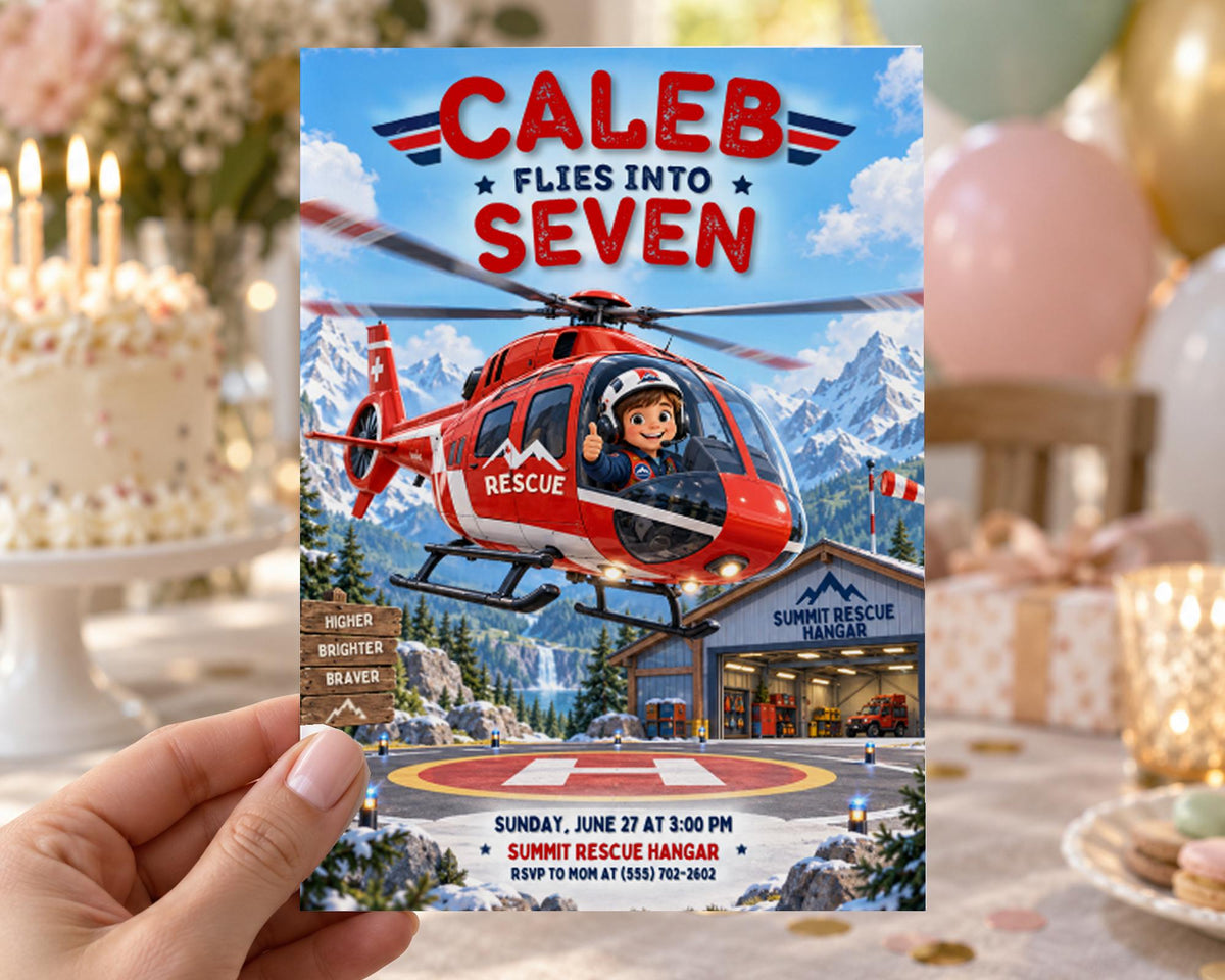 A hand holding a flyer for a birthday party featuring a red helicopter and a mountain backdrop.
