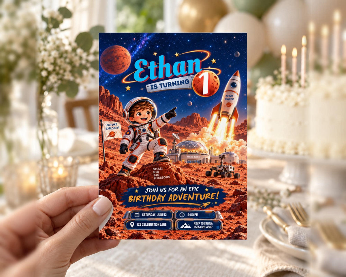 A birthday party invitation featuring a space theme, with a young boy dressed as an astronaut and a rocket ship in the background.
