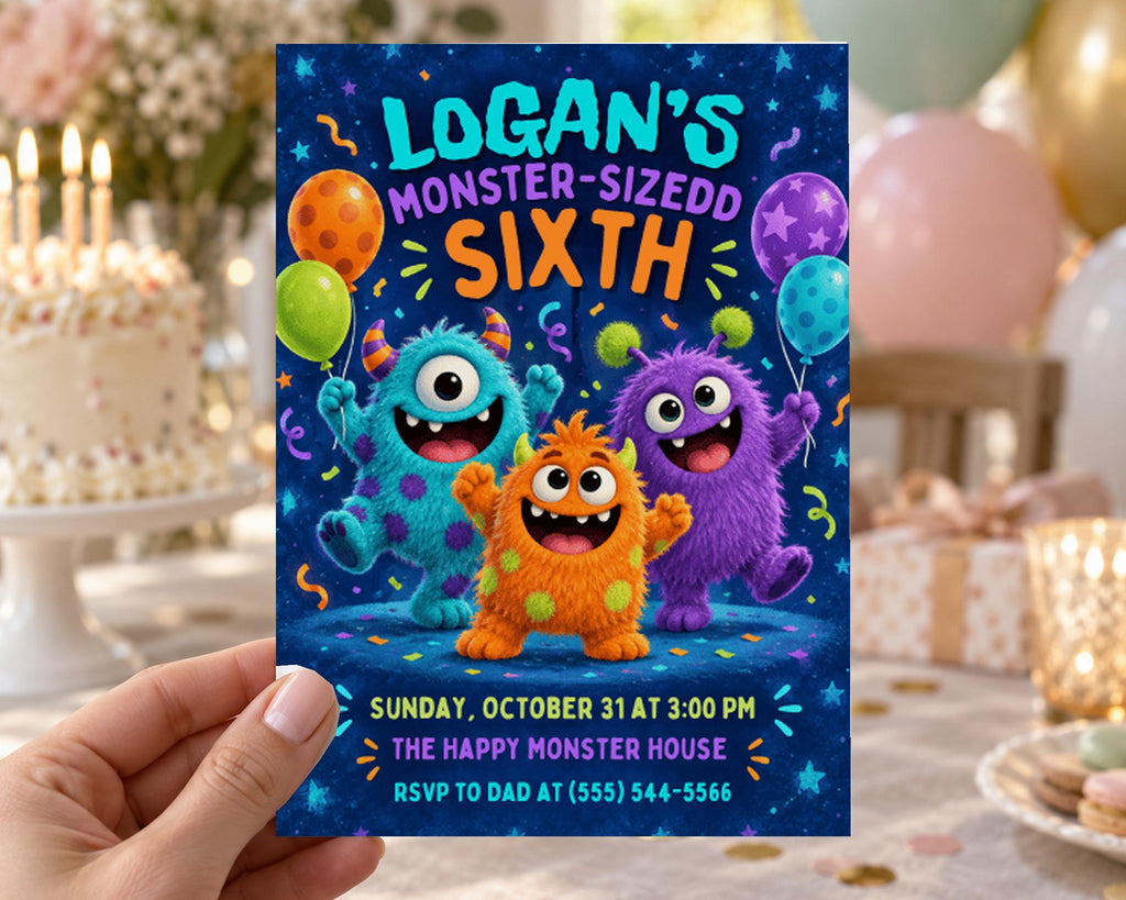 The image is a birthday invitation featuring three colorful monster characters, with balloons and confetti surrounding them. The text on the invitation indicates that it is for a "Logan's Monster-Sized Sixth Birthday" and provides details about the event, including the date, time, and location.