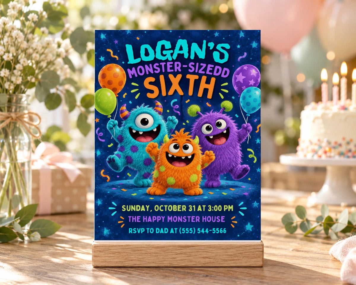 The image is a birthday invitation featuring three monster characters, with a blue background and colorful balloons.