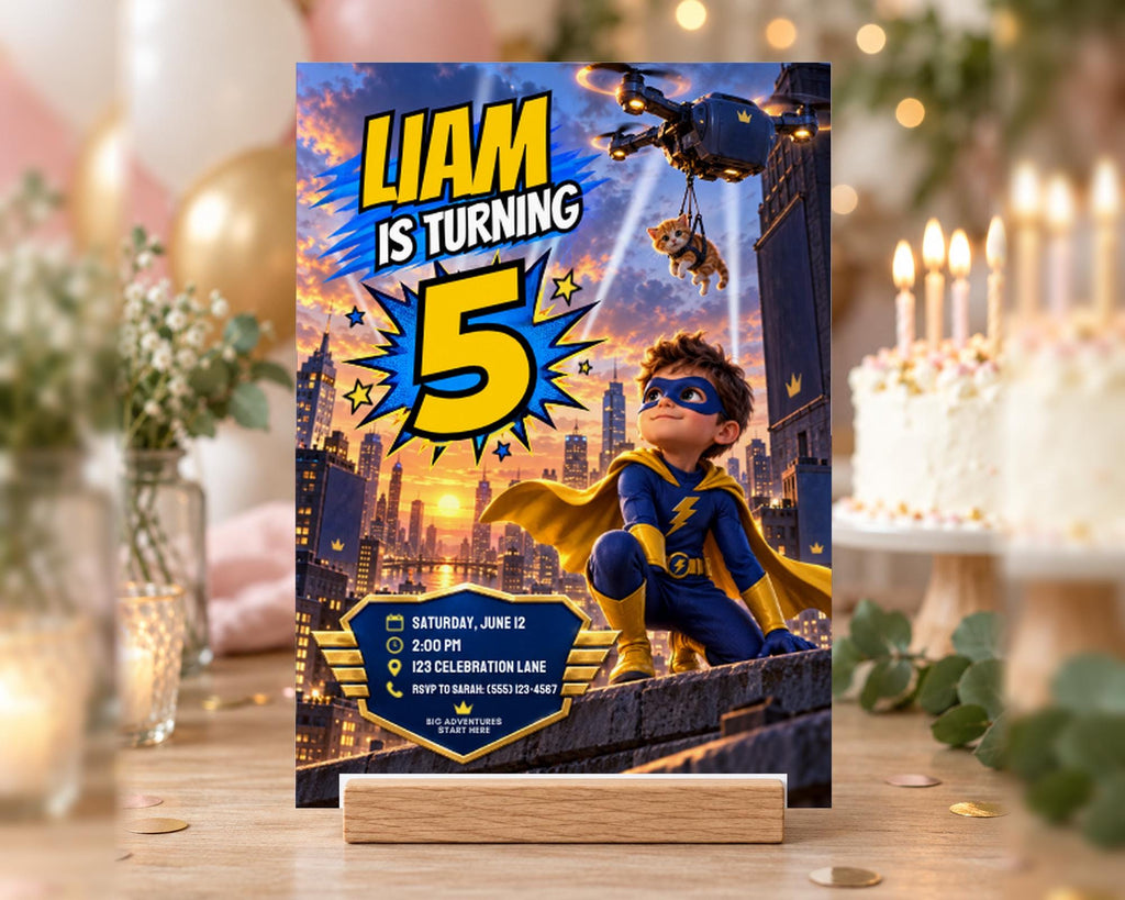 A birthday party invitation featuring a superhero character, with the text "Liam is turning 5" and details about the event.