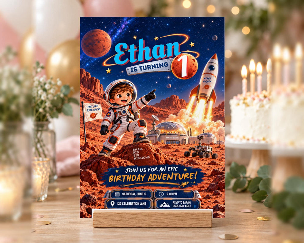 The image is a birthday invitation featuring a space theme, with a young boy dressed as an astronaut and a rocket ship in the background.