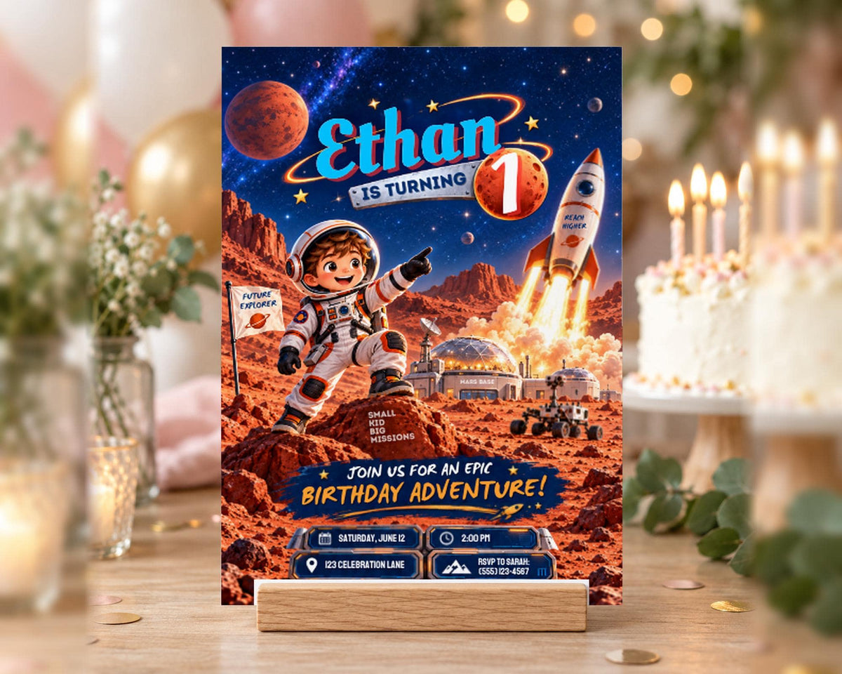 The image is a birthday invitation featuring a space theme, with a young boy dressed as an astronaut and a rocket ship in the background.