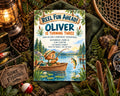 The image is a birthday invitation for Oliver, who is turning three, featuring a teddy bear fishing in a boat on a lake surrounded by nature.