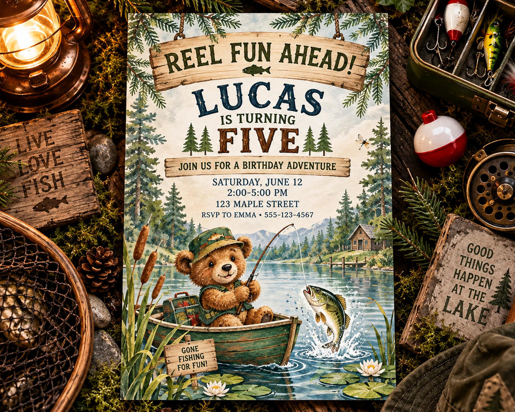 The image is a birthday invitation for Lucas, who is turning five, featuring a teddy bear in a boat on a lake surrounded by nature.