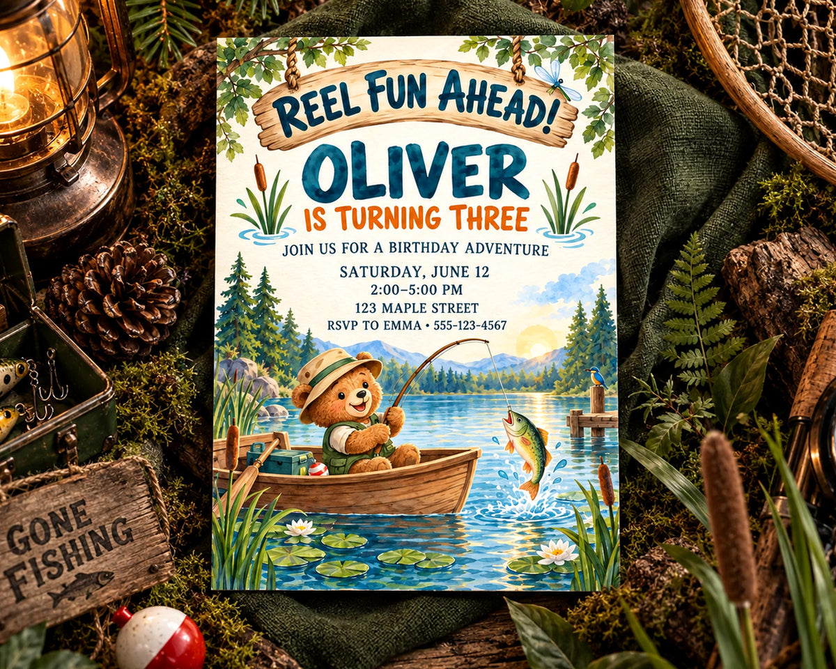 The image is a birthday invitation for a boy named Oliver, who is turning three. The invitation features a teddy bear fishing in a boat on a lake, surrounded by nature elements such as pine cones, ferns, and a fishing net.