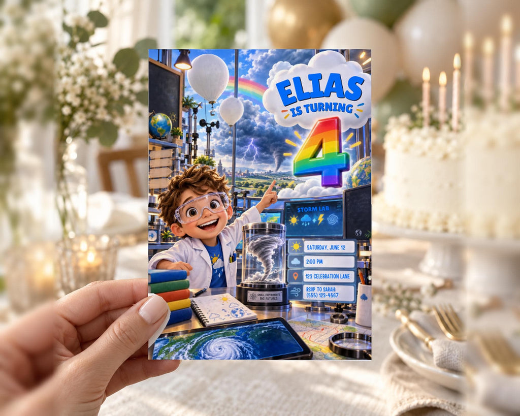 A person's hand holding a birthday invitation card with a cartoon character and a stormy weather theme.