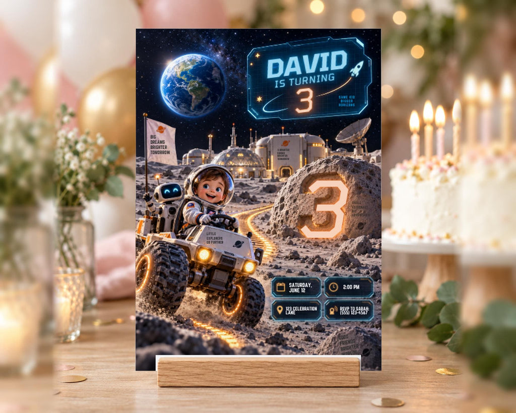 Birthday party invitation featuring a space theme with a robot, a rocket ship, and a planet, along with a birthday boy's name and age.